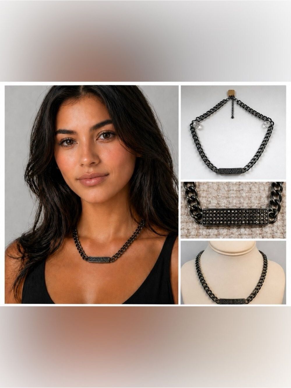 Maurice’s Dark Gray Chain Link Statement Necklace Rhinestone Bar